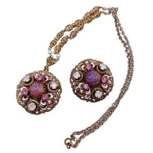 West Germany Filigree and Glass foiled Pink Opal  Set Necklace and Brooch